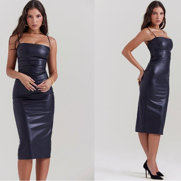 HOUSE OF CB 'Jalena' Black Vegan Leather Lace Back Dress NWOT - Picture 4 of 8